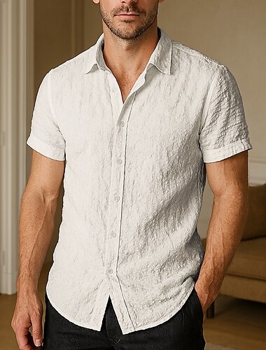  Herren Baumwoll-Leinen-Hemd Einfach Urlaub Alltagskleidung Weiß Dunkelmarine Blau Beige Kurzarm Revers Frühling & Sommer Bekleidung