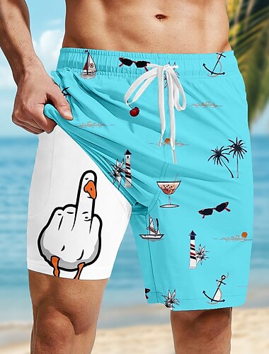  Herren Kokospalme Lustig Ente Gefütterte Shorts 2 in 1 Badeshorts Badeshorts Mittlere Taille Hawaiianisch Urlaub Strandbekleidung Seitentaschen Mit Kompressionsfutter Elastischer Kordelzug in der