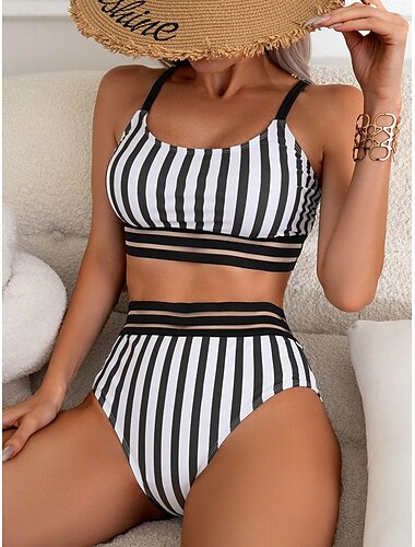  Damen Badeanzüge Bikini 2 Stück Cheeky Badeanzug Rückenfrei Schlank Urlaub Strandmode Gestreift U-Ausschnitt Ohne Ärmel Badeanzüge