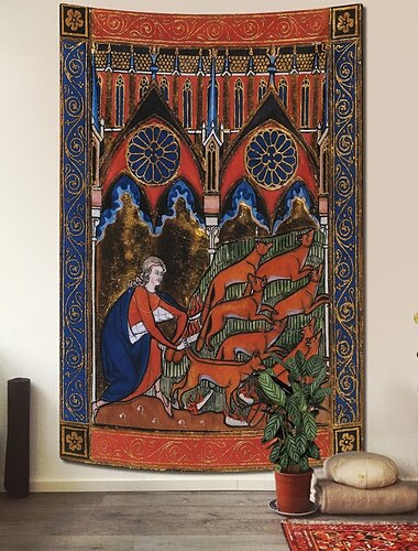  Middeleeuws Tapijt Middeleeuwse Tapijt Gotische Kunst Groot Tapijt Muurschildering Achtergrond Thuis Slaapkamer Woonkamer Decoratie Krans op een Grond van Bloemen Vogels en Konijnen