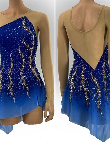  Eiskunstlaufkleid Damen Mädchen Eislaufen Kleid Marineblau Patchwork Asymmetrischer Saum Netzstoff Spandex Hohe Elastizität Training Wettbewerb Eiskunstlaufkleidung Klassisch Kristall / Strass Langarm