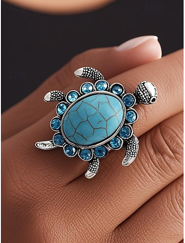  Bague tortue vintage pour femme avec pierre turquoise bleue – bijou animal bohème pour les vacances à la plage, les festivals et les tenues décontractées