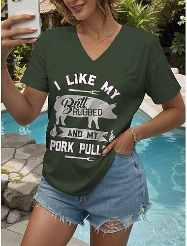  Mujer Camiseta Graphic Animal Letra Vintage Elegante Clásico Manga Corta Escote en Pico Tops regulares Diario Noche Fin de semana Estampado Negro Azul Piscina Verde Trébol Verano Primavera