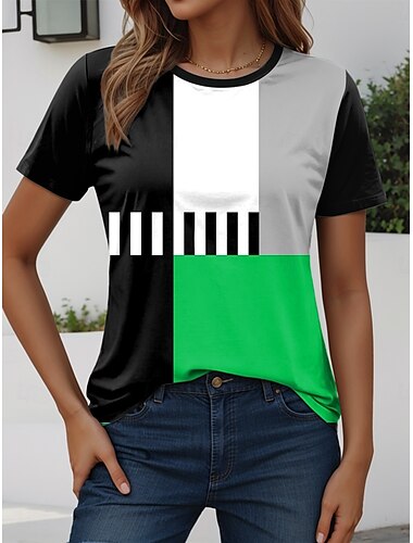  Mujer Camiseta Graphic Geométrico Vintage Elegante Moderno Manga Corta Cuello Barco Tops regulares Diario Estampado Rojo Azul Real Verde Trébol Verano