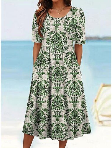  Damen Midikleid Sommerkleid Faltenkleid Urlaub Lässig Strand Täglich Ferien Normale Passform Blumen Grafik Paisley-Muster Kurzarm Rundhalsausschnitt Blau Orange Grün Sommer