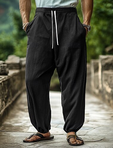  Herren Jogginghose Jogger Leinenhosen Hose Sommerhose Baggy-Hosen Kordelzug Elastischer Bund Weites Bein Einfach Komfort Atmungsaktiv Volle Länge Heim Yoga Täglich Mode Lässig Cachi scuro Hellkaki