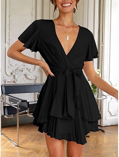  Damen Boho Kleid Western Kleid Vintage Mini Kleid A-Linien Kleid Rüschkleid Lässig Outdoor Ausgehen Strand Reguläre Passform Einfarbig Grafik Kurzarm V-Ausschnitt Schwarz Weiß Pink Grün Sommer