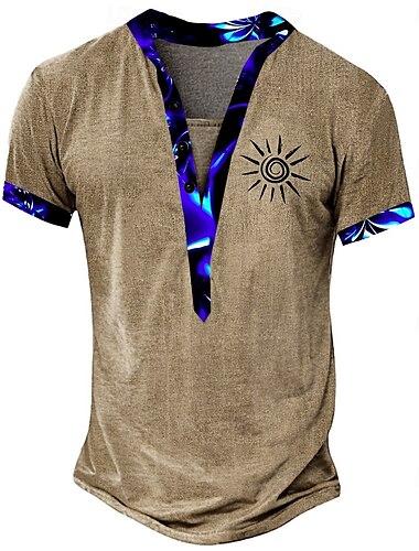  Men's Sun Print T Shirt Henley Shirt Tee Short Sleeve Designer Basic Classic Outdoor Casual Daily Summer Green Light Brown Khaki Henley Collar Henley Henley T-Shirt