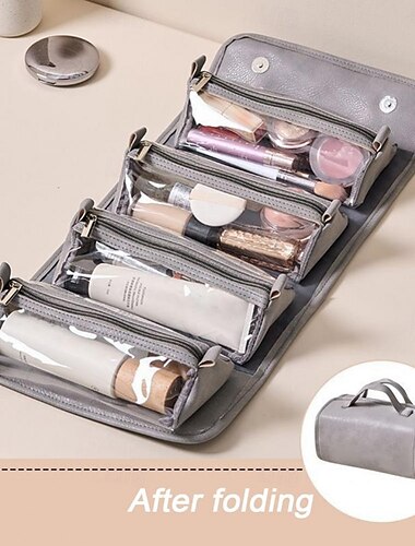  Reisekosmetiktasche aus Leder, große Kapazität, tragbarer Make-up-Koffer für Damen, wasserdichte Aufbewahrungstasche für Kulturbeutel, Make-up-Organizer, faltbare 4-in-1-Reise-Kulturtasche,