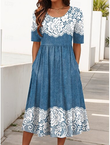  Damen Midikleid A Linie Kleid Sommerkleid Urlaub Lässig Täglich Ferien Normale Passform Blumen Grafik Halbarm Rundhalsausschnitt Schwarz Rosa Blau Sommer