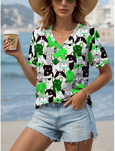  Dame T-shirt Grafisk Kat Årgang Stilfuld Klassisk Kortærmet V-hals Almindelige toppe Daglig Trykt mønster Gul Rød Grøn Sommer Forår