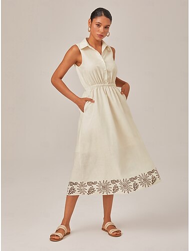  Dame Skjortekjole Midikjole Aprikos Ermeløs Grafisk Knapper Trykt mønster Sommer Skjortekrage Ferie XS S M