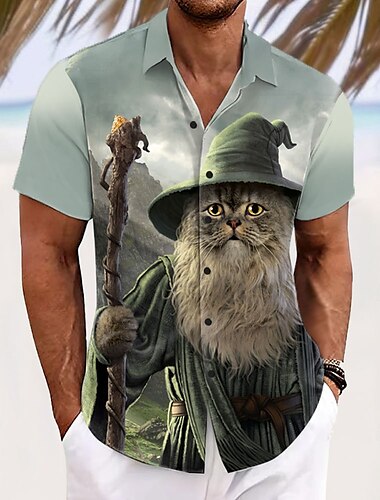  Camisa de manga corta con botones Catdalf Def de Vincent Hie para hombre, diseño de gato mago, edición limitada de artista.
