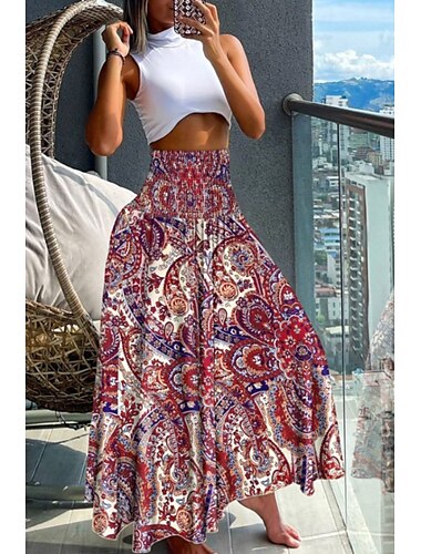  Damen Rock Bohemien Lässig Boho Maxi Mittlere Hüfthöhe Röcke Blumen Druck Mikroelastisch Urlaub Straße Marineblau Knackmandel Rote Blau Sommer Polyester