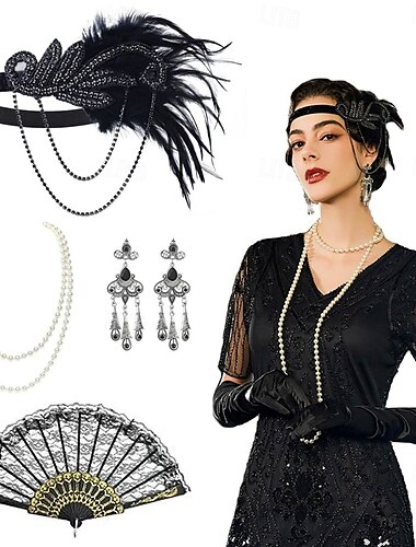  1920年代風 ギャツビー フラッパー・ヘッドバンド ビーズブレスレット イヤリング グレートギャツビー フェザー レトロ風 グリッター素材 クリスタル・ラインストーン 女性用 カーニバル バレンタイン・デー マスカレード パーティーイブニングウェア マスカレード 祭り 成人 多くのアクセサリー イヤリング ネックレス オールシーズン