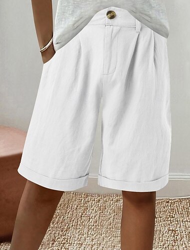  Mujer Pantalones cortos inspirados en el lino Pantalón corto pantalones Moda Ropa de calle Corto Cintura Media Plano Bolsillo Hebilla Confortable Al Aire Libre Cómodo Festivos Fin de semana