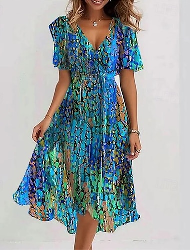  Femmes Robe Midi Robe Fleurie Robe Imprimée Classique Moderne Extérieur Quotidien Fête Coupe régulière Fleur Manche Courte Col en V Rose Claire Rouge Bleu Violet Été