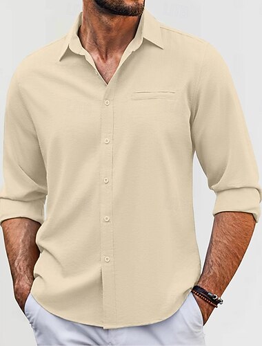  Per uomo Camicia in cotone e lino Semplice Vacanza Nero Bianco Verde Albicocca Manica Lunga Bavero Abbigliamento Tasca Frontale