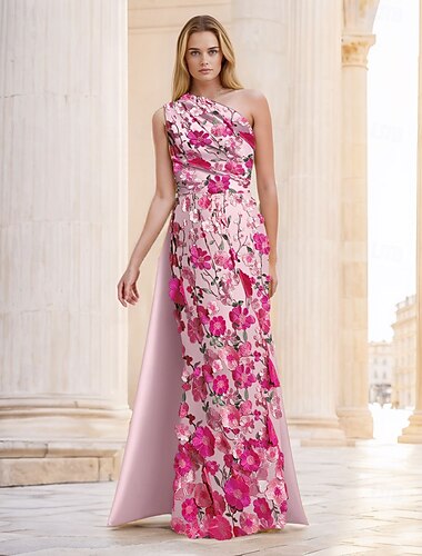 Schlauchkleid Abendkleid Elegant Kleid Formell Hochzeit Bodenlang Ärmellos Ein-Schulter Satin mit Schlitz Stickerei Applikationen 2025