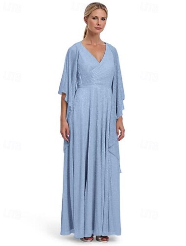  Metallic Lurex Chiffon A-Line Mother of the Bride Dress Elegant Simple Minimalist V Neck Floor Length Half Sleeve with Ruched Details