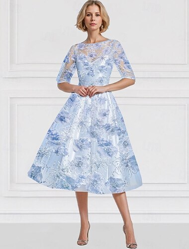  Abito per la madre della sposa A-line ricamato e decorato con perline floreale elegante vintage scollatura illusoria lunghezza alla caviglia tulle maniche metà con paillettes