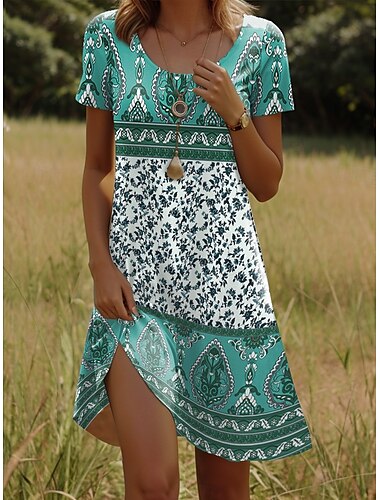  Dames Mini-jurk T shirt jurk Zonnejurk Hemdjurk Vakantie Casual Boho Feest Strand Standaard pasvorm Bloemig Grafisch Tribal Korte mouw Ronde hals Geel Rood blauw Paars Zomer Lente