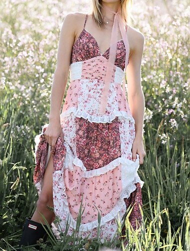  Damen Langes Kleid Maxikleid Unterkleid Boho-Kleid Westernkleid Klassisch Urlaub Date Ausgehen Normale Passform Blume Ärmellos Spaghettiträger Erröten Sie Rosa Rosa Sommer