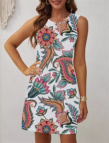  Damskie Sukienka mini Letnie sukienki Sukienka na ramiączkach Sukienka Boho Moda Nowoczesny Codzienny Plaża Weekend Regularny Kwiaty Bez rękawów Półgolf Biały Lato
