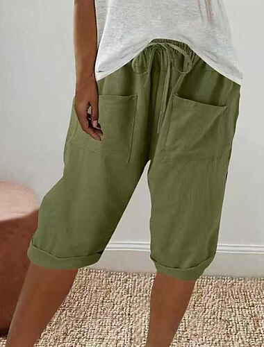  Damen Caprihose Hose aus Baumwollleinen Stoffhosen Lässig Wadenlang Natürliche Taille Einfach Tasche Elastischer Bund Bequem Außenbereich Outdoor Wochenende Grau Schwarz Weiß Grün Sommer Normale