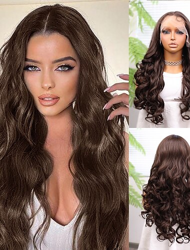  Synthetische Spitzenperücke Bodywave Stil 22 Zoll Braun Mittelscheitel 13x4 Spitzenfront Perücke Damen Perücke Dunkelbraun