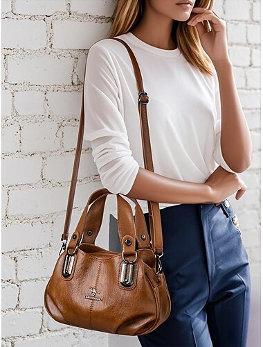  Women's Faux Leather Shoulder Handbag with Dual Handles – Vintage Casual Satchel Bag with Crossbody Strap for Office, Travel and Daily Use