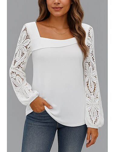  Damen Spitzentops Einfach Stilvoll Modern Langarm V Ausschnitt Normale Oberteile Täglich Ferien Spitze Weiß Sommer