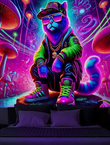  Tenture lumineuse sous lumière noire glow in the dark fête luminescente réactive aux UV motif de chat de rue paysage naturel brumeux trippant œuvre d'art murale pour salon chambre