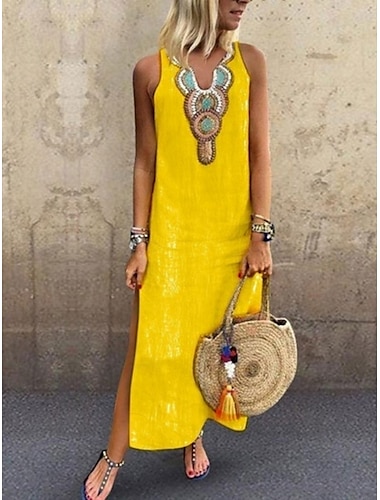  Femmes Robe maxi Robe d'été Occasionnel Boho Quotidien Coupe régulière Graphique Sans manches Encolure en V Blanche Jaune Vin Gris Été