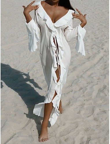  Bañadores de mujer cubiertos vestido de baño traje de baño volantes vacaciones ropa de playa color sólido cuello en V de manga larga trajes de baño