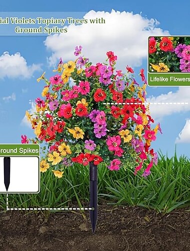  Decoración de arbusto de flores artificiales para exteriores con estacas de tierra, eucalipto artificial y estacas de jardín violetas para patio, decoración del hogar, vegetación de primavera y