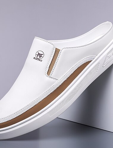  chaussures mules blanches pour hommes – design élégant à enfiler avec des accents marron, légères et confortables pour un usage quotidien, des sorties décontractées et des voyages
