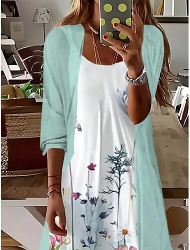  Damen Kleider Set Maxi Kleid A-Linie Kleid Sommerkleid Urlaub Boho Ombre Blumenmuster 3/4 Länge Ärmeln Rundhalsausschnitt Outdoor Täglich Hellgrün Sommer Frühling Lockere Passform