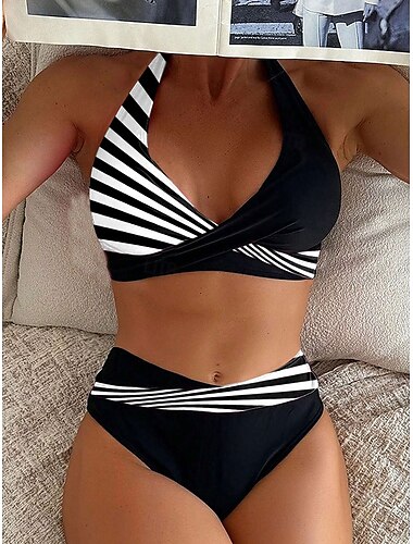  Bañadores de mujer bikini de 2 piezas bañador de cintura alta moda gráfico a rayas sin mangas