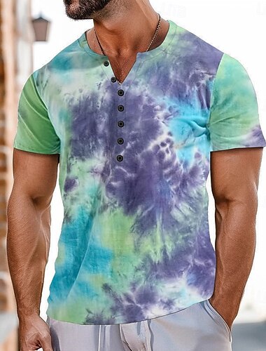  Hombre Impresión Tie Dye Camiseta Henley Shirt Manga Corta Deportes Moda Design Exterior Calle Casual Verano Púrpura Cscuro Verde de selva Azul Verde Claro Henley Camiseta Henley