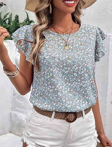  Damen T Shirt Blumen Mode Modern Kurzarm Rundhalsausschnitt Normale Oberteile Täglich Ausgehen Rüsche Grün Sommer