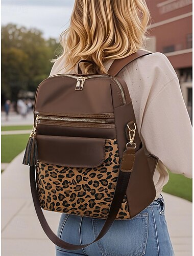  Sac à dos patchwork en tissu imprimé léopard pour femme, peut être porté sur une épaule, avec plusieurs fermetures éclair, parfait pour l'école, les voyages et les sorties décontractées
