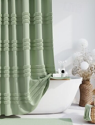  Weißer Stoff Duschvorhang mit Haken getufteter Chenille gestreifter Textilstoff für das Badezimmer modernes Landhaus Shabby Chic wasserdichtes Duschvorhang Set maschinenwaschbar
