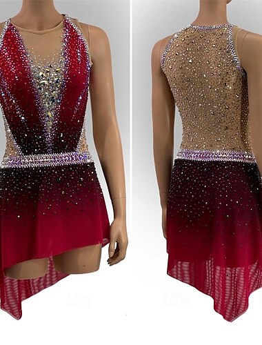  Eiskunstlaufkleid Damen Mädchen Eislaufen Kleid Schwarz Rrot Patchwork Asymmetrischer Saum Netzstoff Hohe Elastizität Training Wettbewerb Eiskunstlaufkleidung Klassisch Kristall / Strass Ärmellos