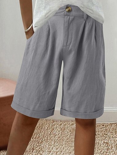  Damen Leinen-inspirierte Shorts Shorts Stoffhosen Mode Streetwear Kurz Natürliche Taille Einfach Tasche Schnalle Bequem Außenbereich Ferien Wochenende Aprikose Grau Schwarz Weiß Sommer Normale