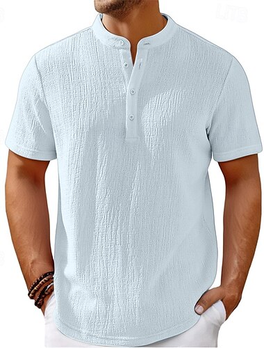  Voor heren Overhemd Zomer overhemd Normaal shirt Strand hemd Overhemd met knopen Zwart Wit Marineblauw khaki Beige Korte mouw Effen Henley Feestdagen Casual / Dagelijks Button-omlaag Kleding Polyester