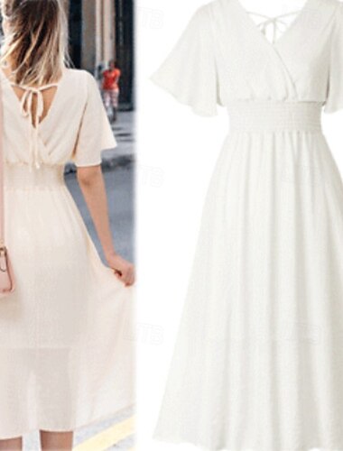  Damen Midikleid Cocktailkleid Kleid für Hochzeitsgäste Chiffonkleid Mode Modern Urlaub Teegesellschaft Wochenende Normale Passform Einfach Kurzarm V Ausschnitt Schwarz Weiß Rosa Aprikose Sommer