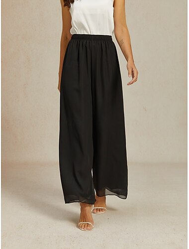  Damen Weite Hosenbeine Elegant Vintage Mode Volle Länge Mittlere Taille Einfach Unelastisch Schwarz Sommer Frühling Herbst Lässiger Schnitt