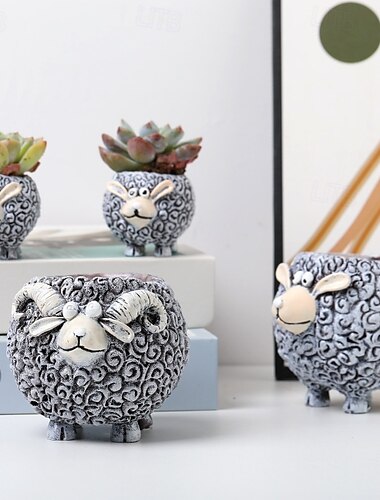  Lot de 2 pots de fleurs en résine pour plantes succulentes, motif mouton et chèvre de dessin animé, décoration de jardin créative, jolie jardinière animalière pour usage intérieur et extérieur,