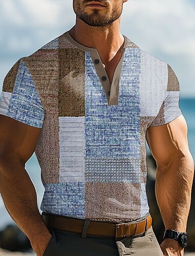  Herren Karomuster Patchwork T Shirt Henley Hemd Kurzarm Designer Retro Vintage Trendy Straße Lässig Täglich Sommer Frühling Grau Violett Blau Khaki Henley Henley T-Shirt